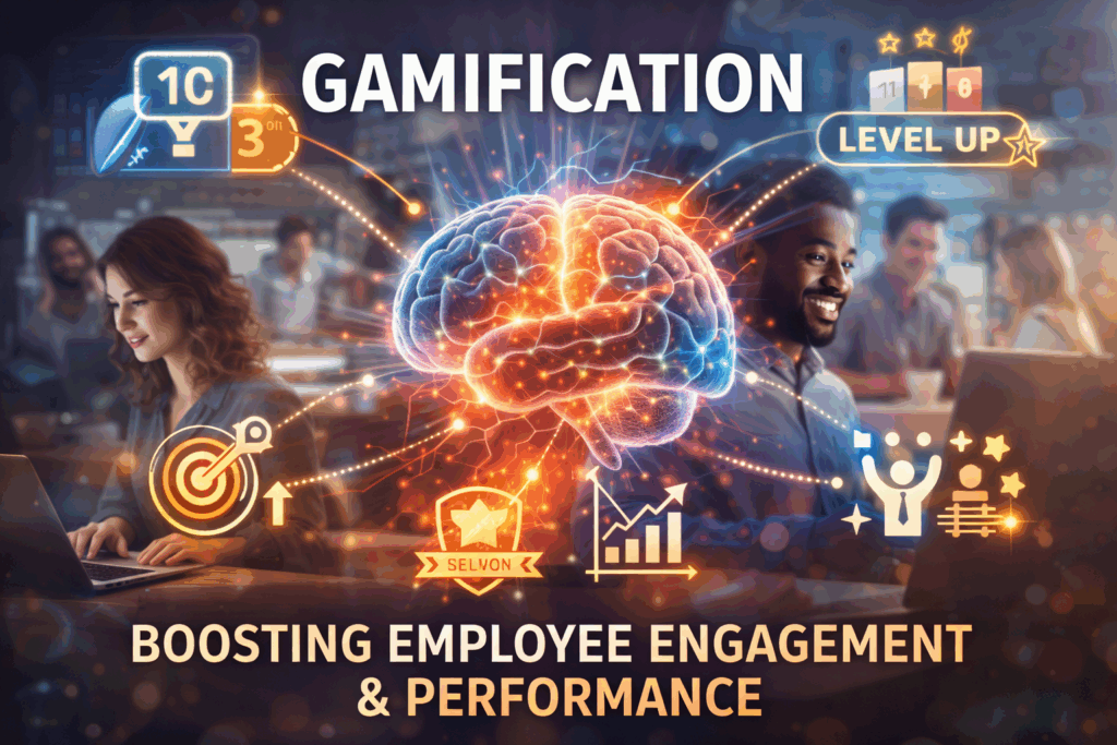 Gamification is the integration of game-like elements (such as progress indicators, points, badges, leaderboards, challenges, and feedback loops) into non-game environments like work tasks, training programs, or performance dashboards. 