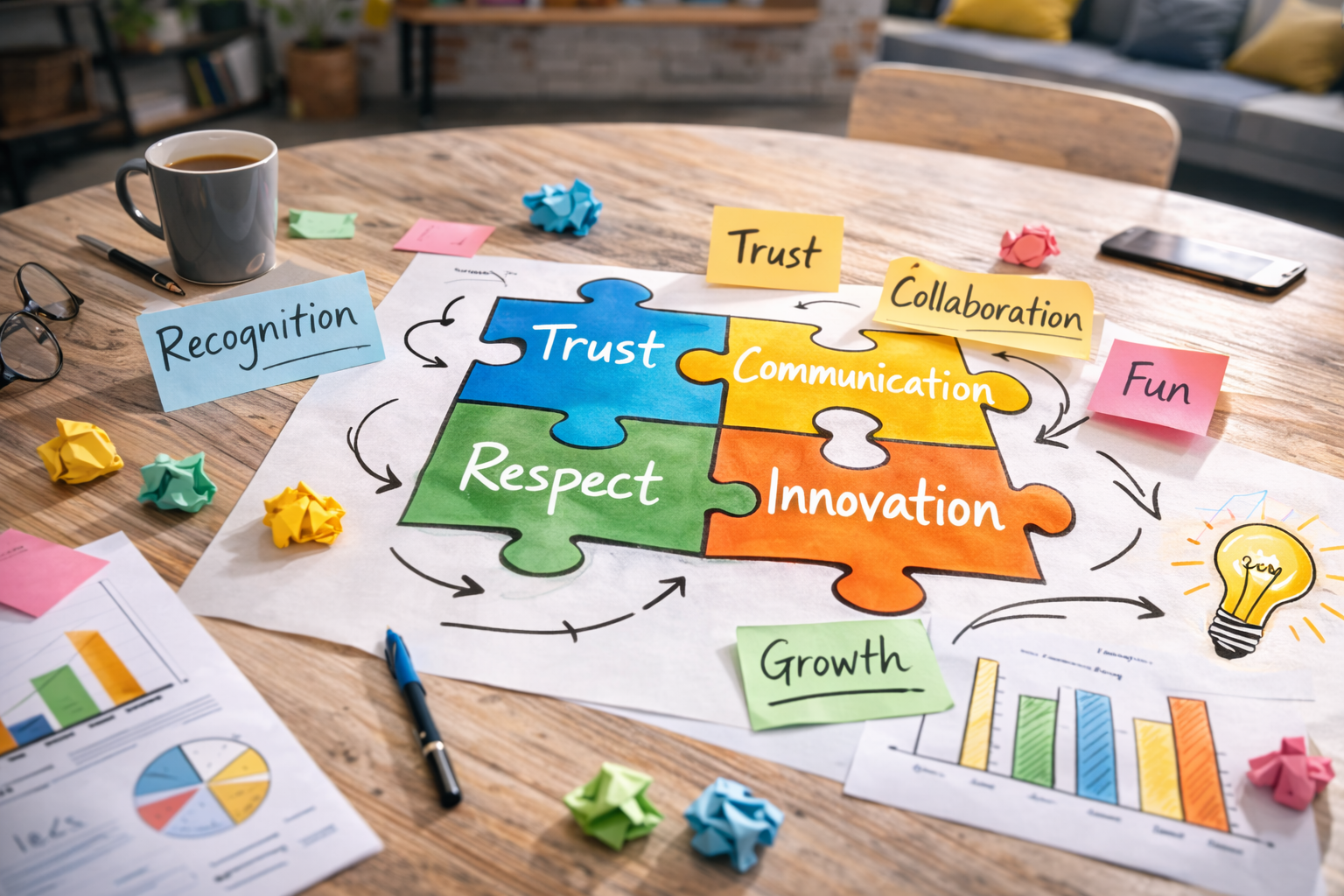Puzzle pieces labeled trust respect communication and innovation on a wooden table representing workplace culture and authentic leadership