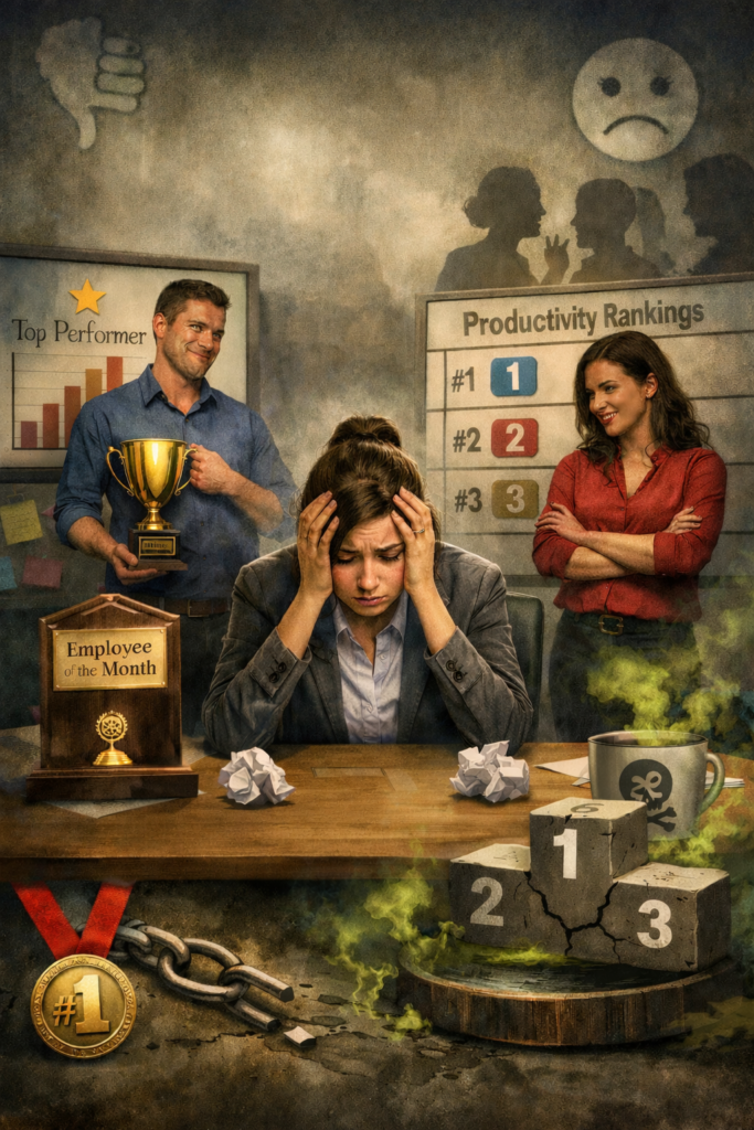 High-performing employee feeling stressed while coworkers are publicly ranked in a competitive workplace