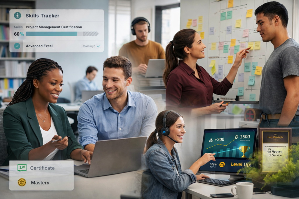 Employees collaborating in a modern office while tracking career development and skill progression