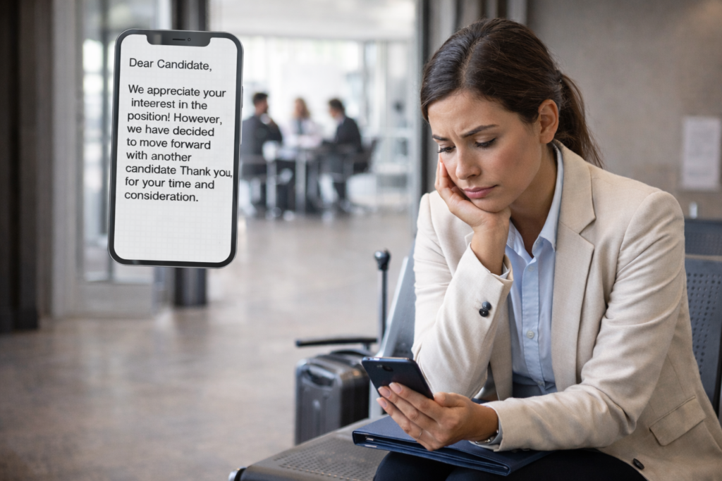 Professional woman sitting in an office lobby reading a job rejection message on her phone