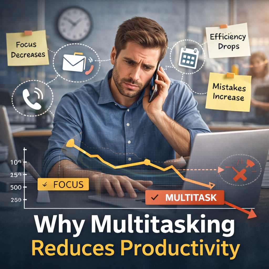 Employee multitasking at desk while productivity and focus decline