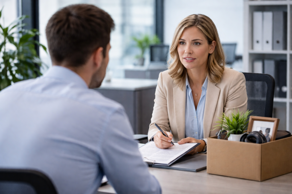 Manager conducting a respectful employee termination meeting in a private office.