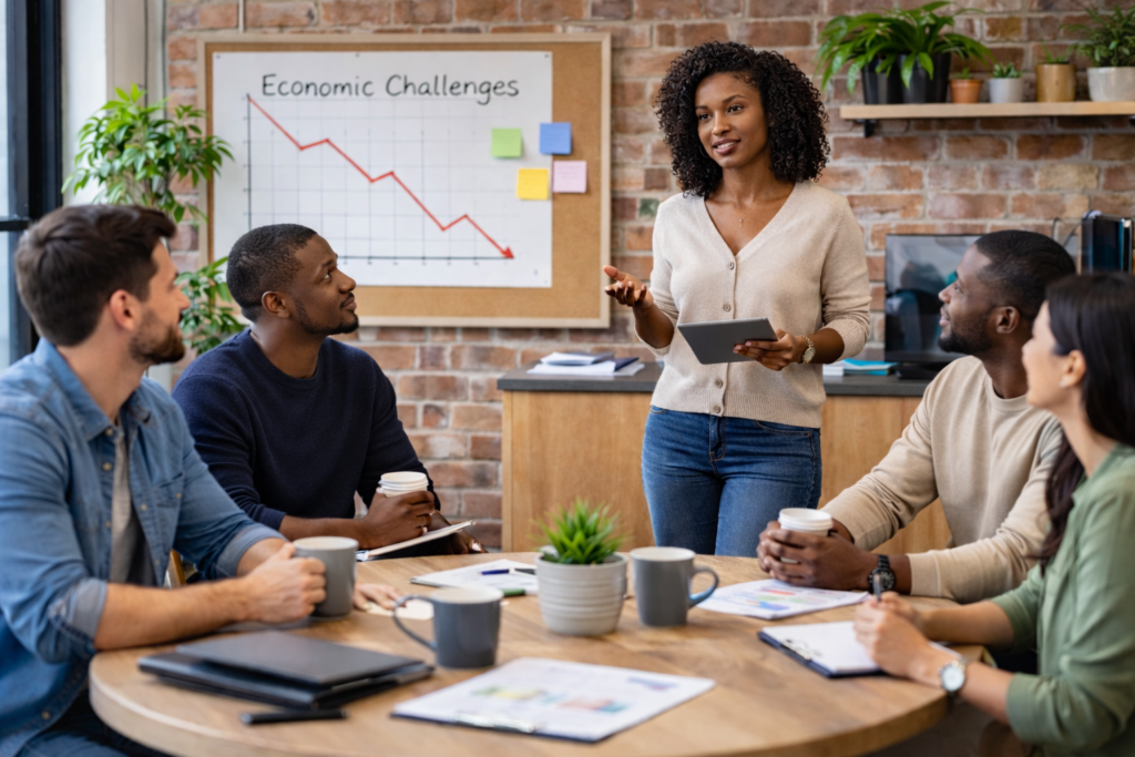 Business leader presenting a strategic plan to her team during economic uncertainty in a modern office
