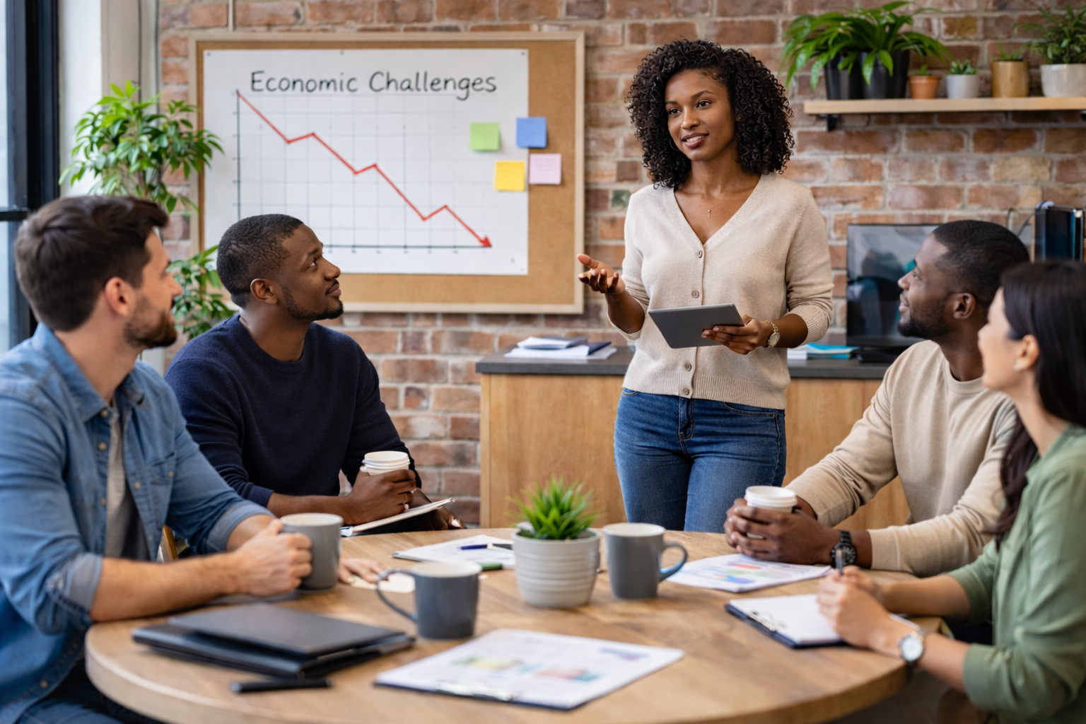 Business leader presenting a strategic plan to her team during economic uncertainty in a modern office