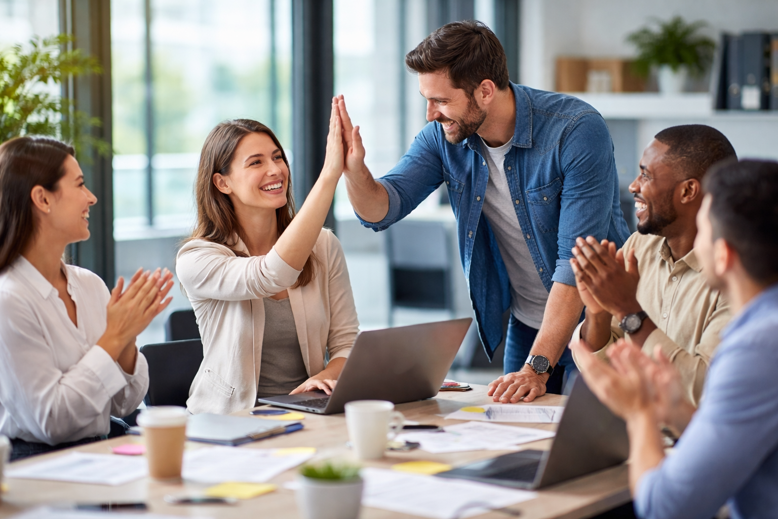 Employees collaborating in a modern office while building a culture of appreciation in the workplace