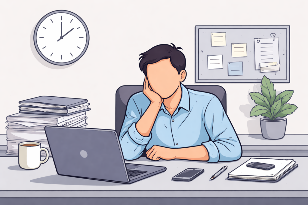 Faceless animated employee sitting bored at a desk with a laptop and paperwork to represent career stagnation