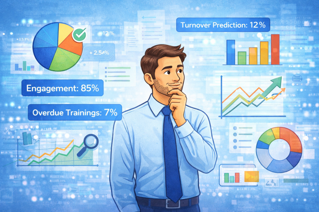 Professional analyzing dashboards and metrics representing Data Driven Employee Engagement with engagement rates, overdue trainings, and turnover predictions
