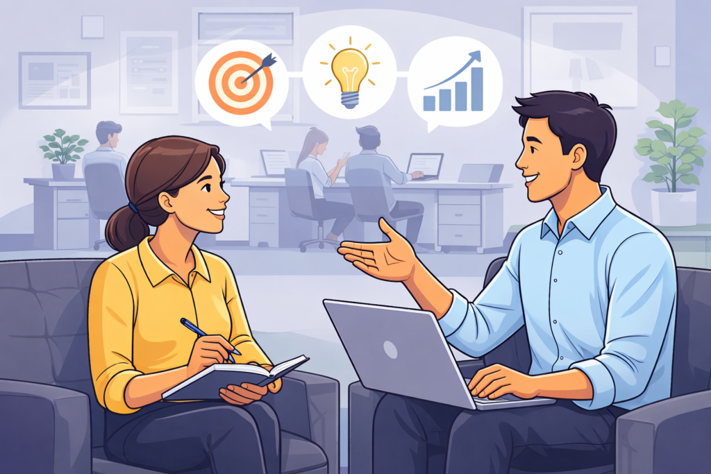 Employee mentorship benefits meeting between a mentor and mentee discussing career development in the workplace