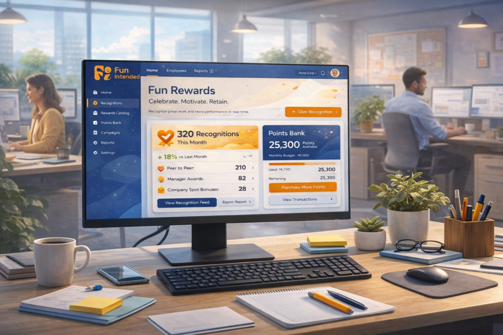Computer screen displaying an employee recognition platform dashboard with recognition metrics, points balance, and engagement data in a modern office setting
