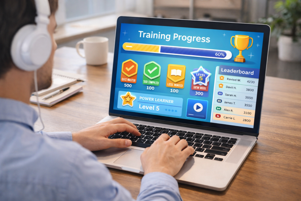 Employee completing online training through a gamification platform with progress bar, badges, and leaderboard on a laptop to signify how gamification improves employee training completion rates.