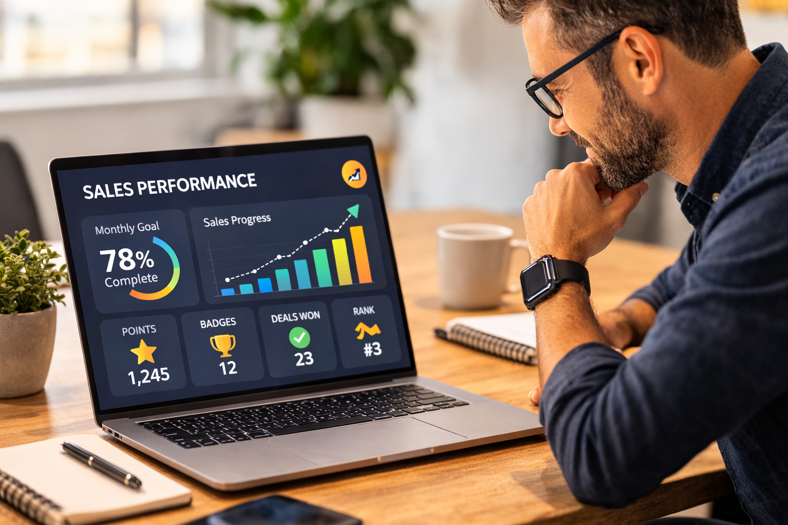 Sales professional reviewing how gamification improves sales performance with a dashboard on a laptop showing progress metrics and achievements