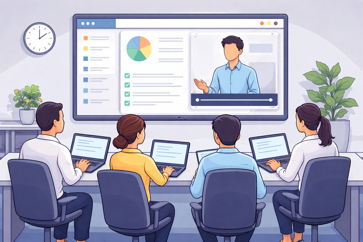 Employees participating in an online training session on laptops during a virtual workplace learning course to represent a LMS platform.