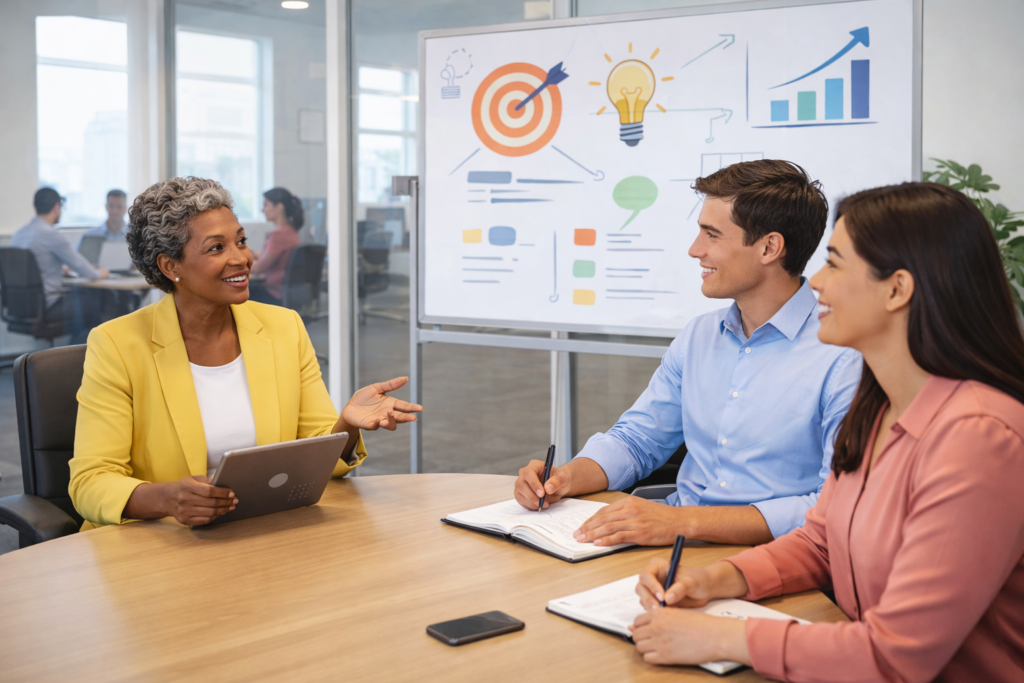Mentor guiding two employees during a meeting about career development using a workplace mentorship platform