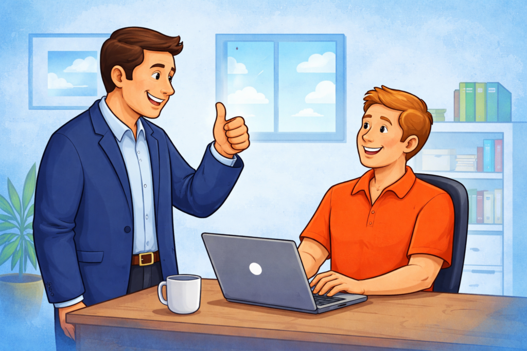 Cartoon illustration of a manager giving a thumbs up to an employee at their desk representing Micro Engagement in the workplace