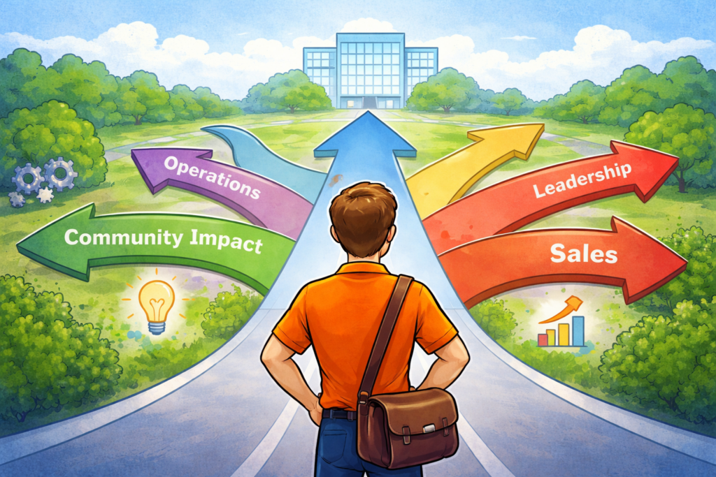 Employee standing at a crossroads of career paths representing Purpose driven employee engagement and alignment with company mission