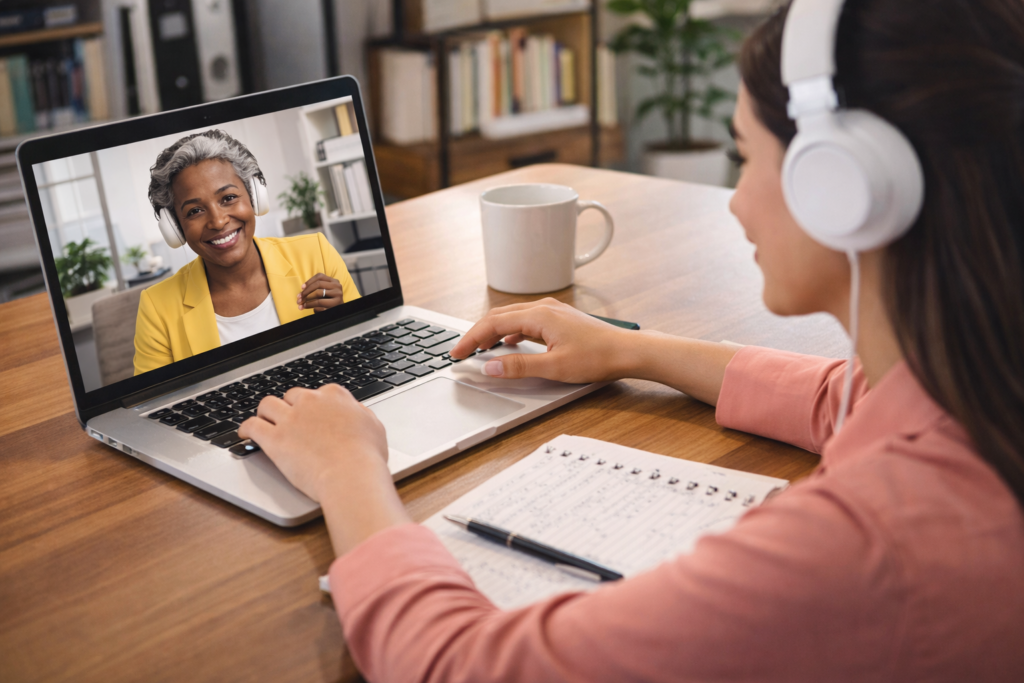 Employee participating in a virtual meeting through a remote mentorship platform during a remote mentorship session