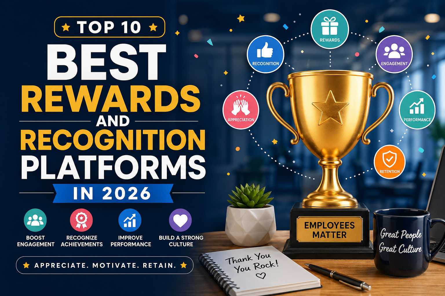 Best Rewards and Recognition Platforms image featuring a gold trophy on an office desk surrounded by icons for rewards, engagement, retention, recognition, and performance, representing the top employee recognition software platforms in 2026.