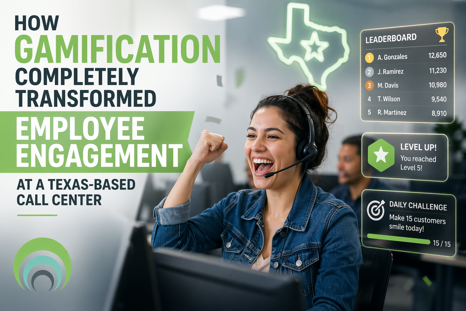Call center employee celebrating at her desk with gamification elements like leaderboards and challenges on screen, illustrating how gamification transformed employee engagement at a Texas-based call center, with a subtle TAS United logo on the left.
