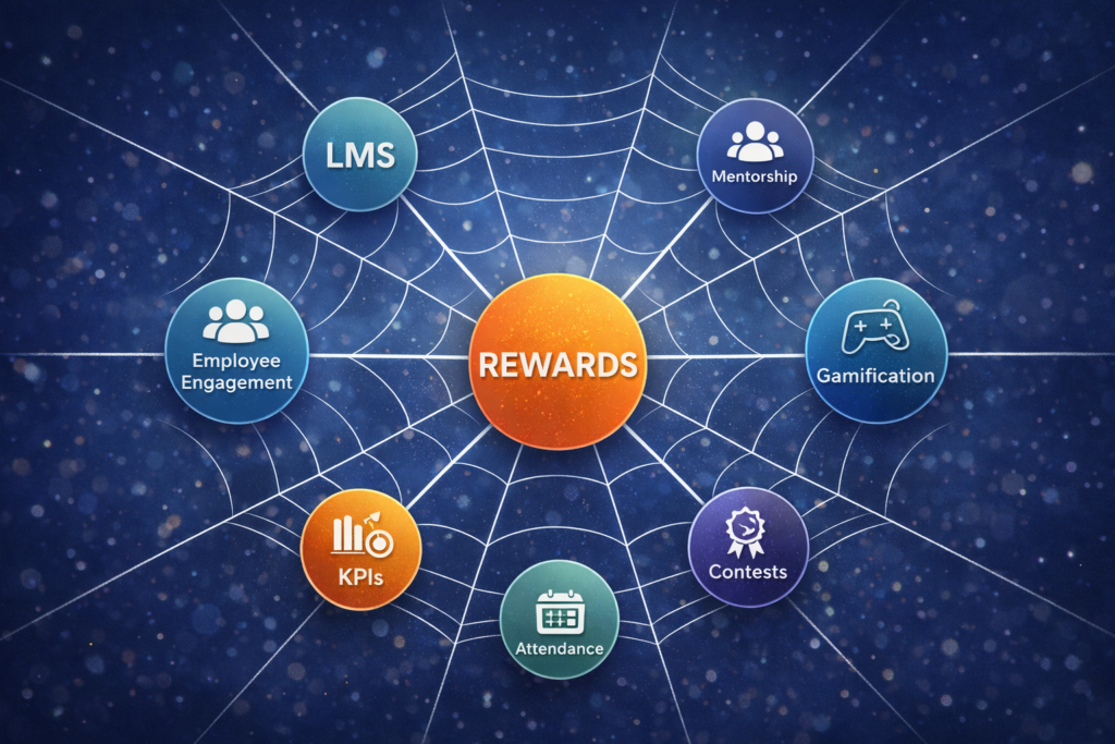 Spiderweb diagram showing rewards at the center connected to LMS, gamification, mentorship, KPIs, attendance, contests, and employee engagement tools to represent how to combine employee rewards with engagement tools