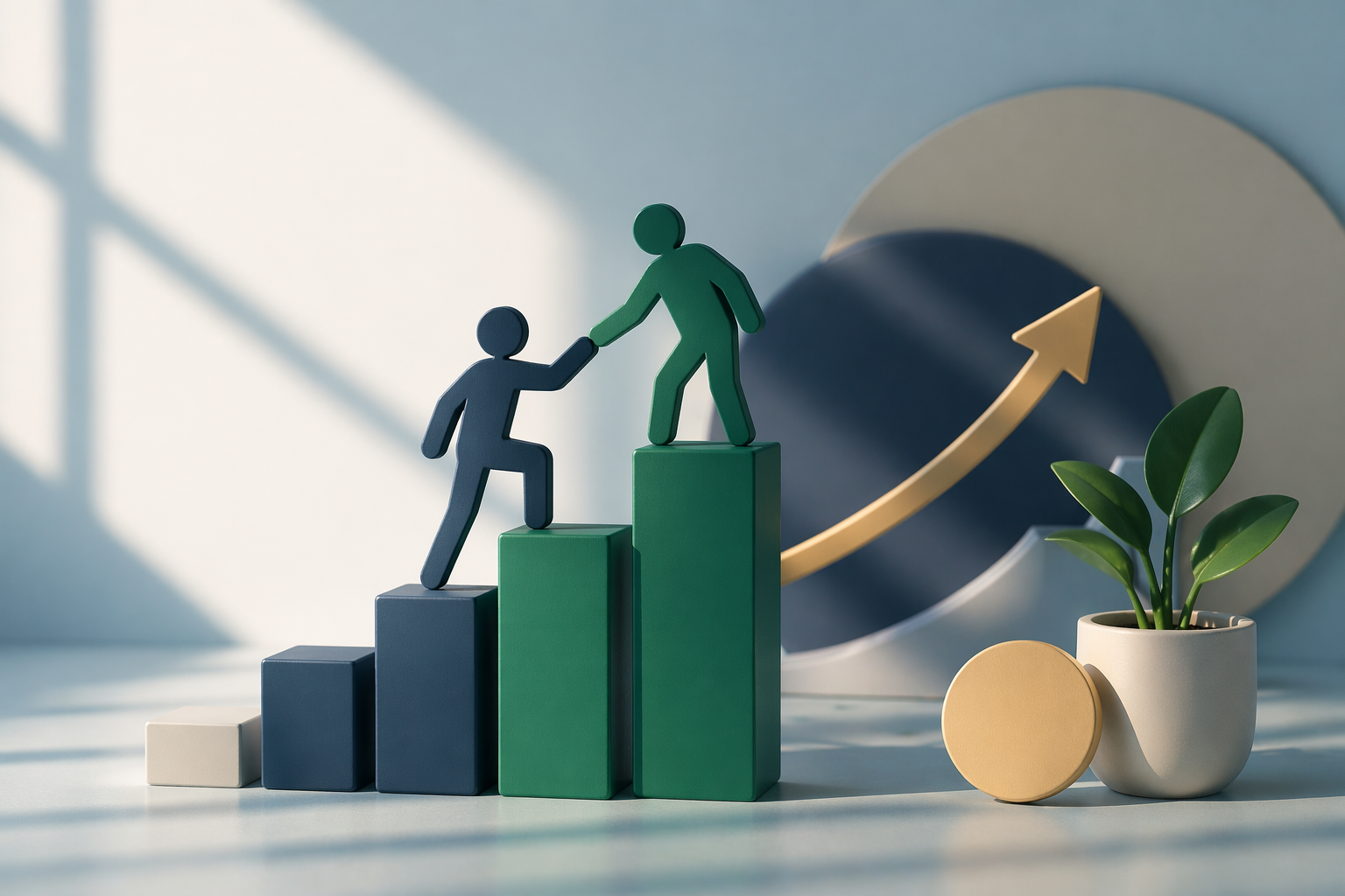 3D illustration representing ROI on Mentorship Programs with two figures collaborating and growing upward on blocks symbolizing business growth and development