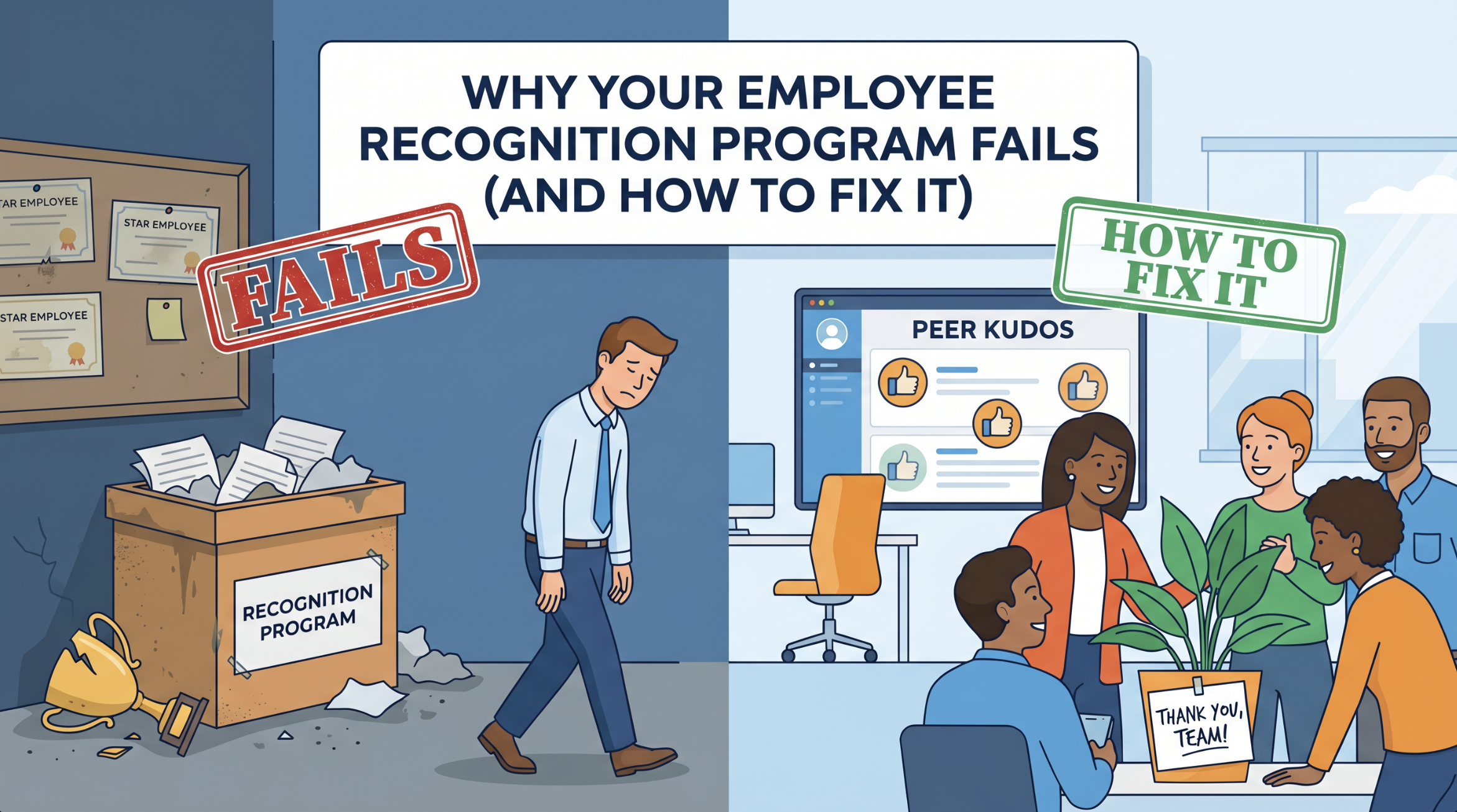 Illustration showing why your employee recognition program fails and how to fix it, with a split office scene comparing a broken recognition system on one side and a thriving peer kudos workplace culture on the other.