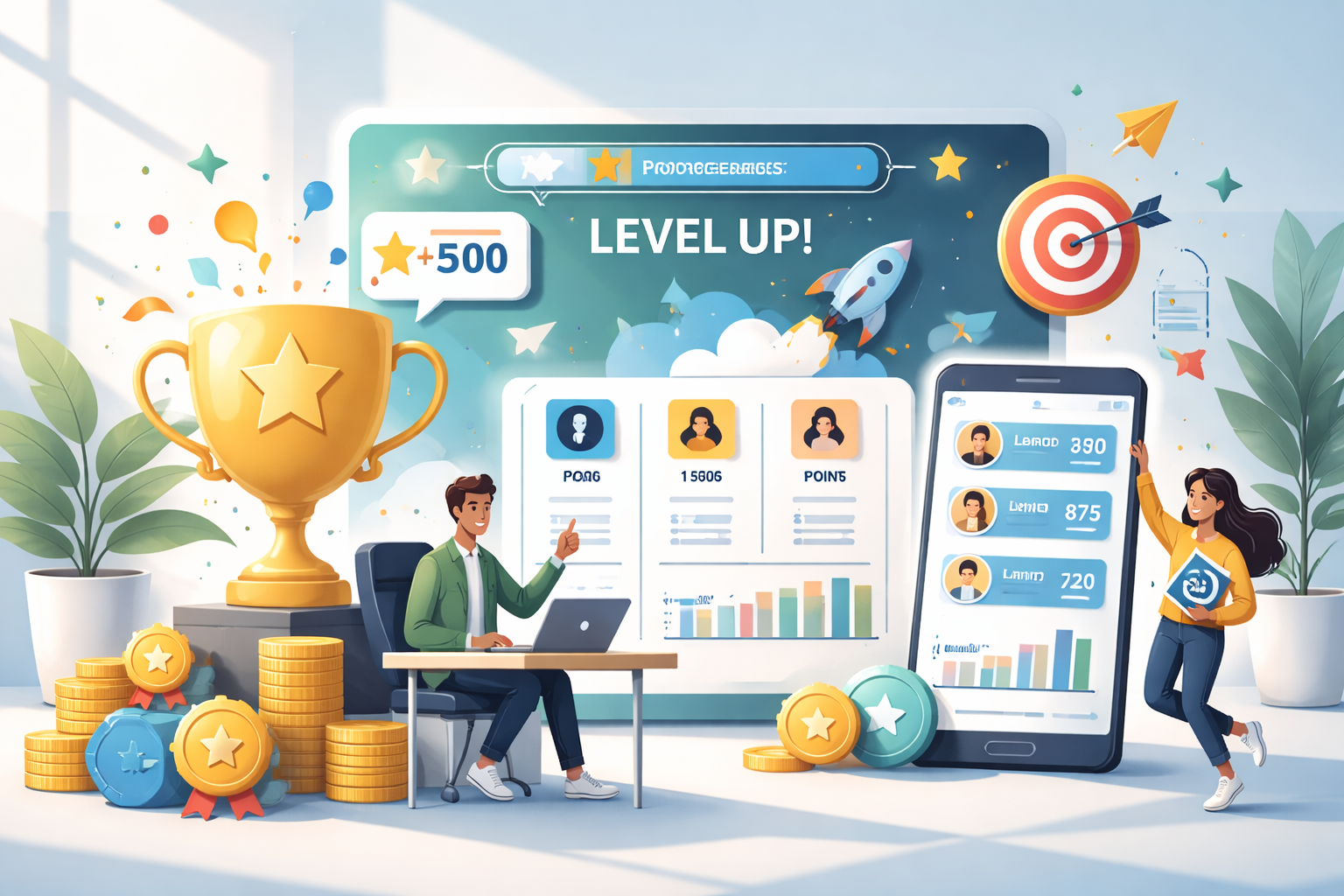 3D illustration representing Top gamification platforms with employees engaging in points, leaderboards, and rewards systems to drive performance and motivation