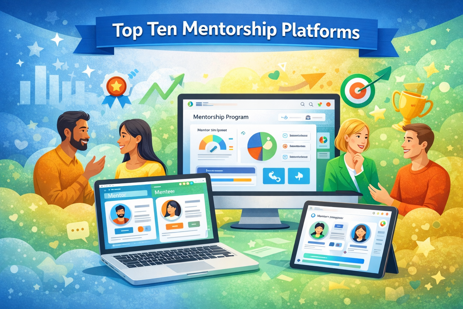 Illustration representing top ten mentorship platforms with professionals connecting through digital mentorship tools and dashboards