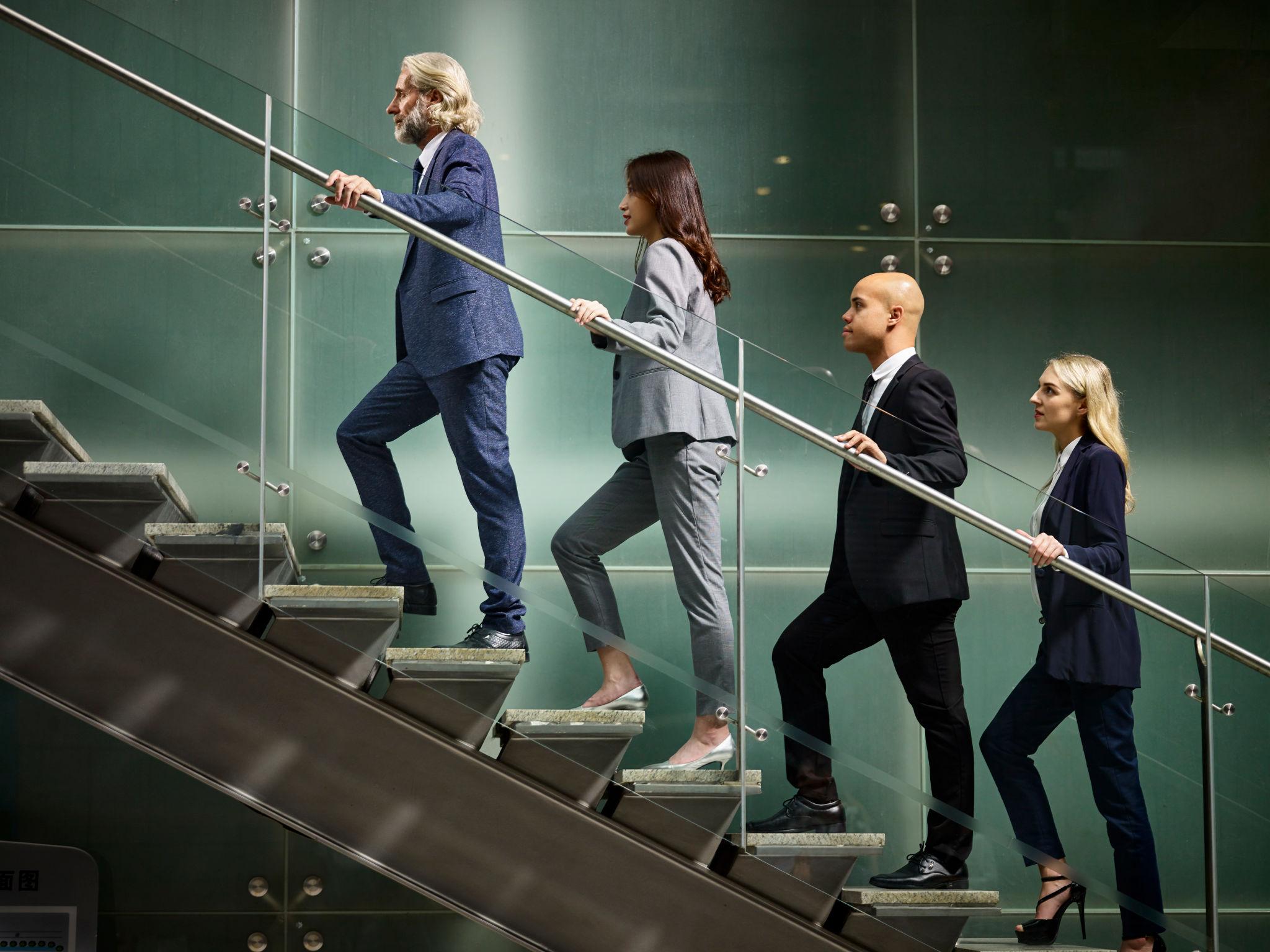 Real employees progressing through career stages with mentorship and growth opportunities in a modern workplace to represent career pathing framework