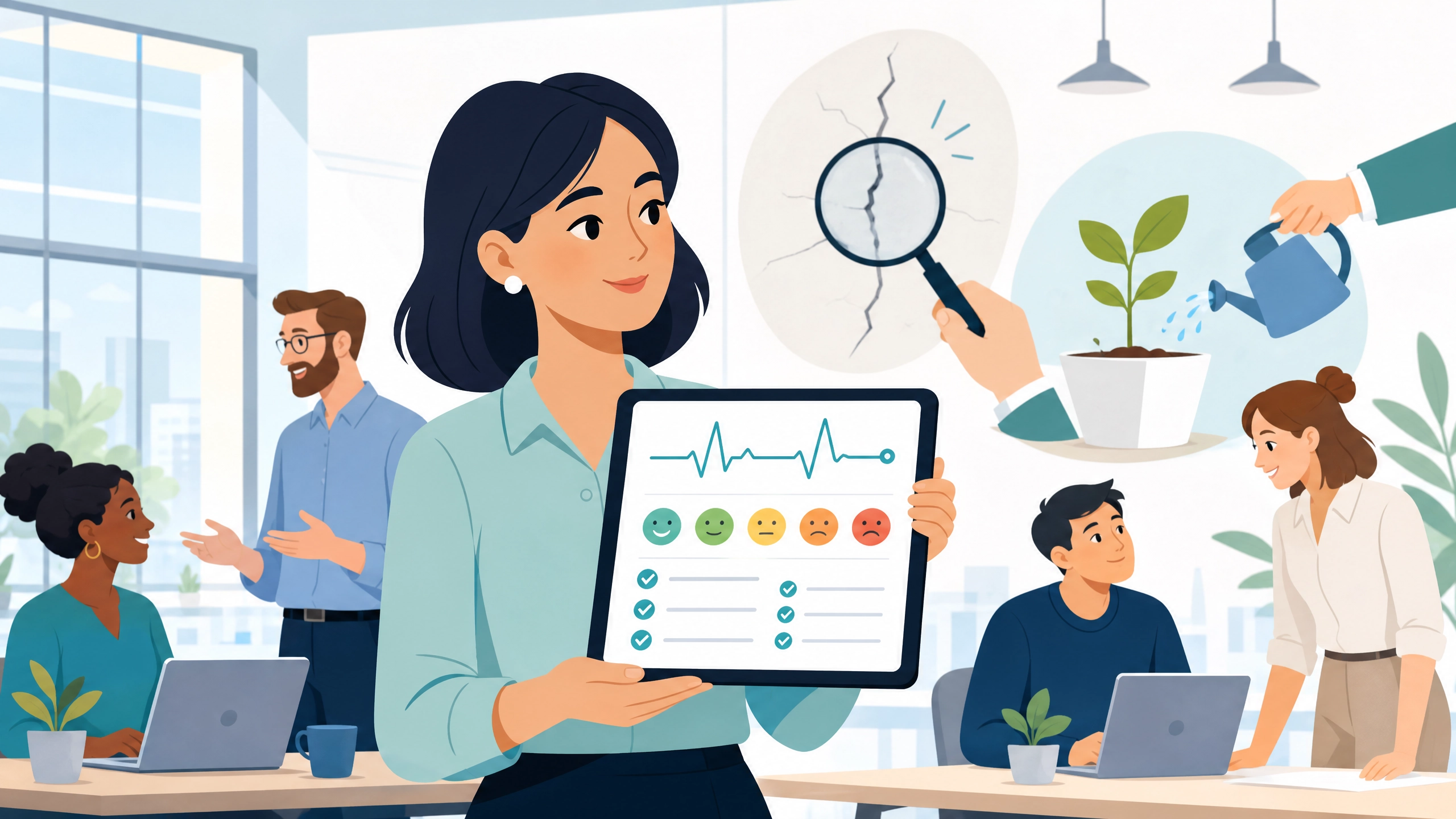 A professional editorial illustration showing a diverse office team, with a central woman holding a tablet that displays a heartbeat line and sentiment icons (smileys). In the background, circular metaphors show a magnifying glass inspecting a wall crack and a hand watering a plant to represent Employee Pulse Surveys.