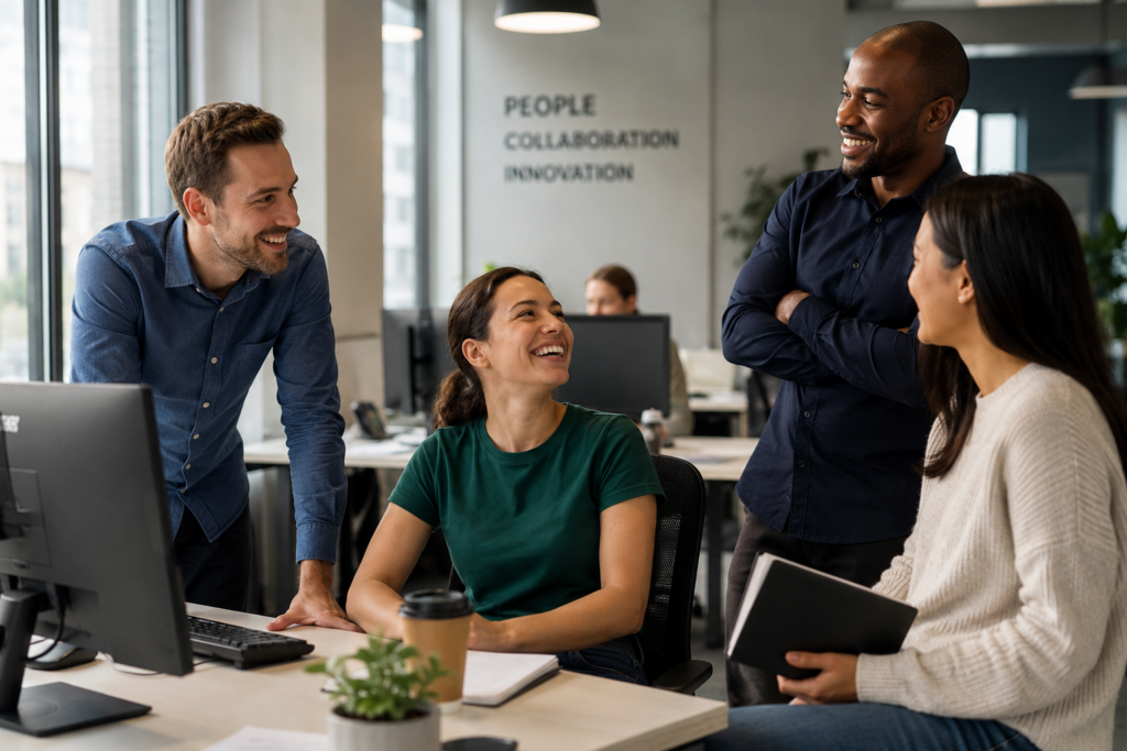 A realistic modern office scene showing four coworkers smiling and talking together around a desk in a bright open workspace. The employees appear relaxed and engaged, creating a positive atmosphere that reflects how you can improve employee morale and workplace connection.