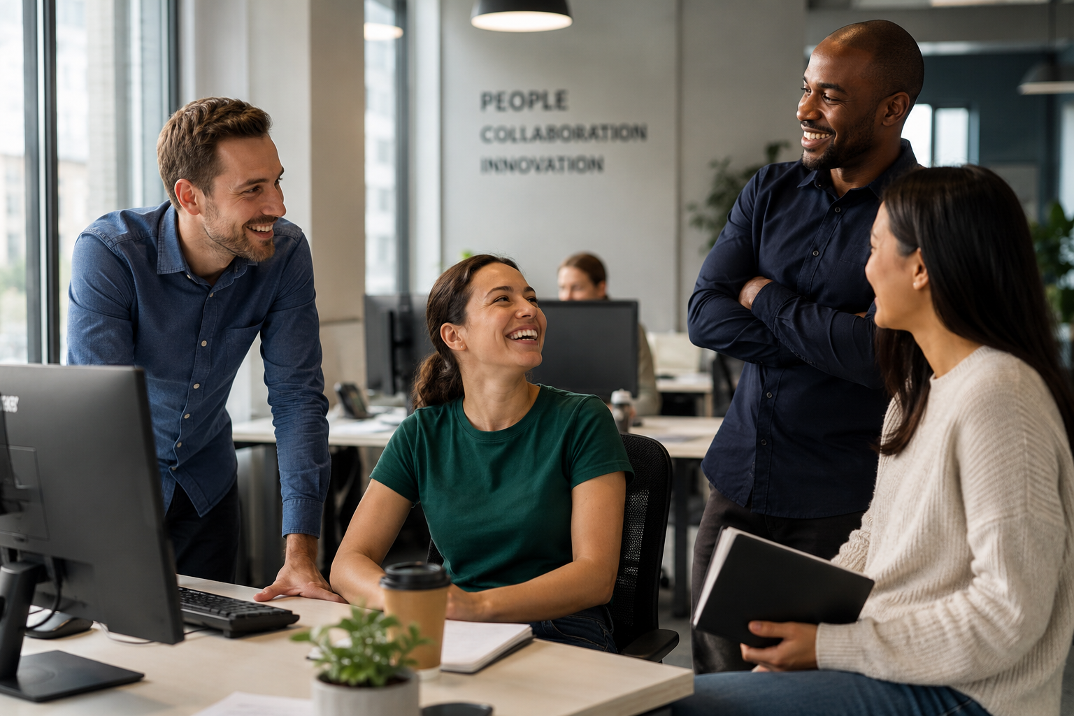 A realistic modern office scene showing four coworkers smiling and talking together around a desk in a bright open workspace. The employees appear relaxed and engaged, creating a positive atmosphere that reflects how you can improve employee morale and workplace connection.