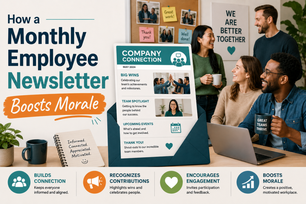 A modern office illustration showing employees smiling and collaborating around a company newsletter displayed in a large envelope. The headline reads “How a Monthly Employee Newsletter Boosts Morale,” with icons and text highlighting connection, recognition, engagement, and morale.