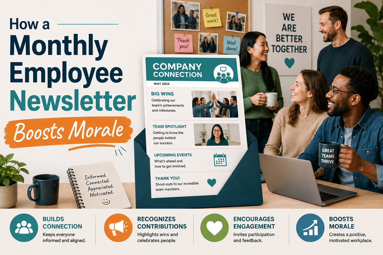 A modern office illustration showing employees smiling and collaborating around a company newsletter displayed in a large envelope. The headline reads “How a Monthly Employee Newsletter Boosts Morale,” with icons and text highlighting connection, recognition, engagement, and morale.