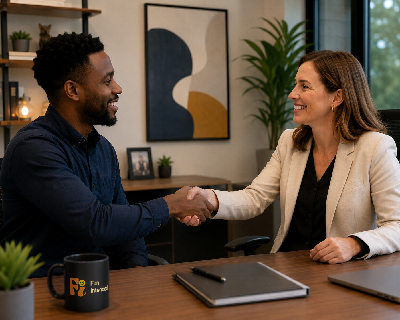 A job candidate shakes hands with a hiring manager in a warm, modern office during a positive conversation about recruiting the right talent. A branded mug sits on the desk beside a notebook and laptop, while abstract artwork decorates the wall in the background.