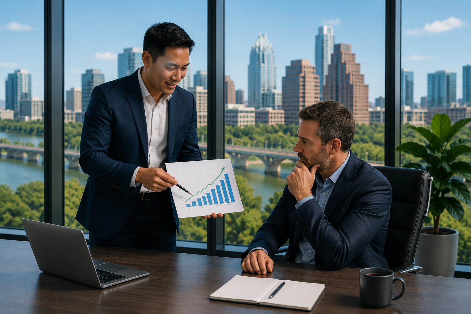 Two business executives meet in a modern office overlooking the Austin skyline as one presents a chart showing upward growth, illustrating how employee engagement in Austin can contribute to stronger business performance and long-term organizational success.