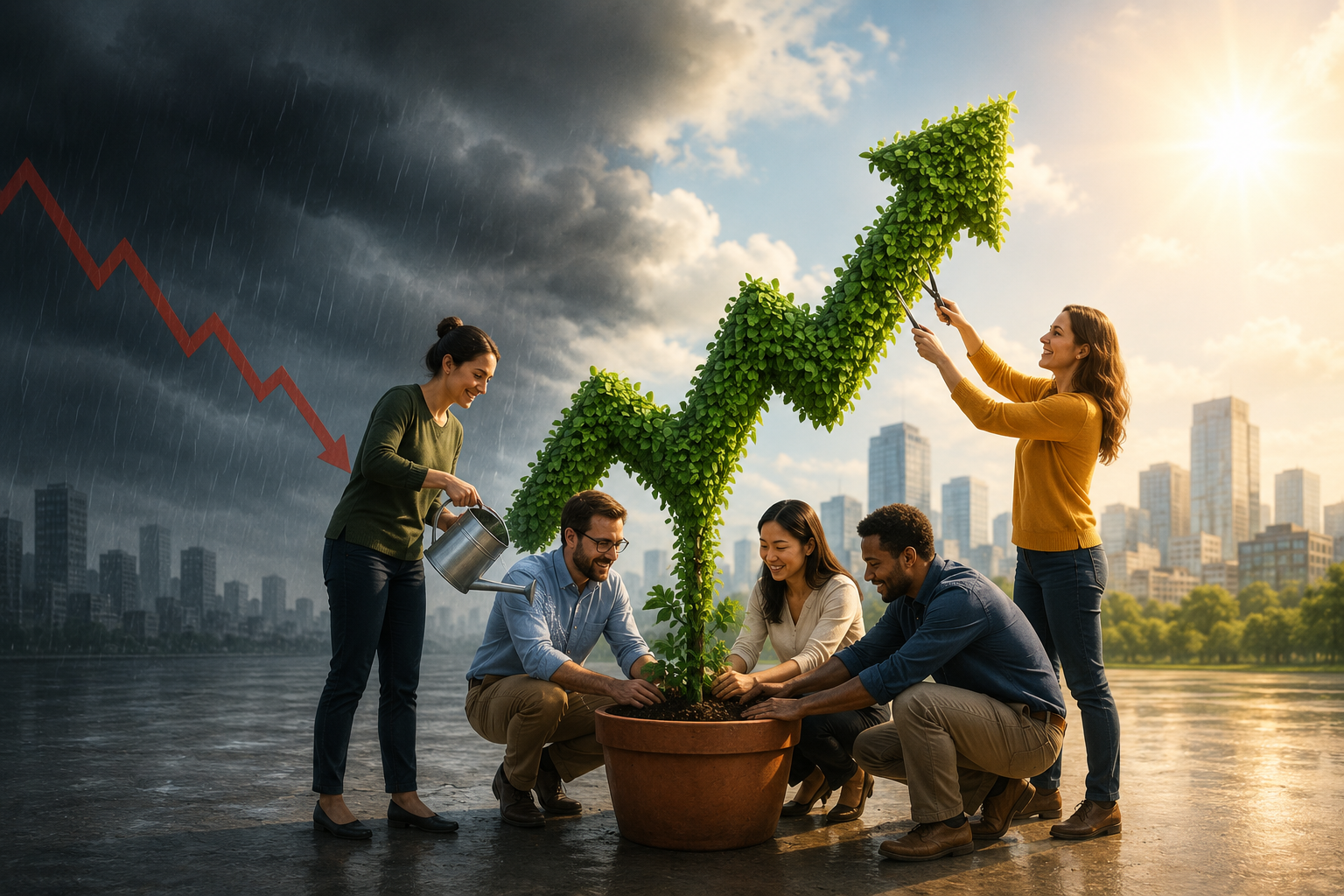 Diverse team collaborates to transform a declining economy into growth symbolized by a rising green arrow, representing Employee Engagement in a bad economy.