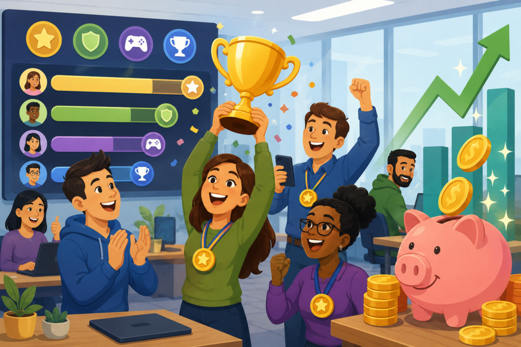 Cartoon illustration of a diverse office team celebrating workplace achievements through gamification. Employees wear medals, hold a large trophy, and cheer in a modern office while a leaderboard, progress bars, and achievement badges appear in the background. A rising graph, stacks of coins, and a piggy bank symbolize the financial savings and business benefits of higher employee engagement.