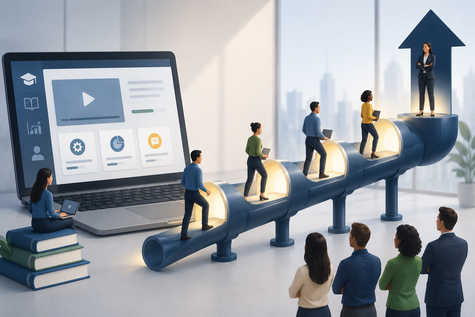 3D illustration of employees progressing through a glowing pipeline from an LMS platform on a laptop toward a leadership promotion stage.