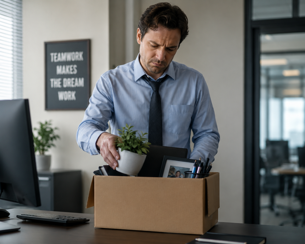 A frustrated office employee stands at a desk packing personal belongings into a cardboard box. This symbolizes how a rewards platform can give you a heads up that someone is thinking of quitting.