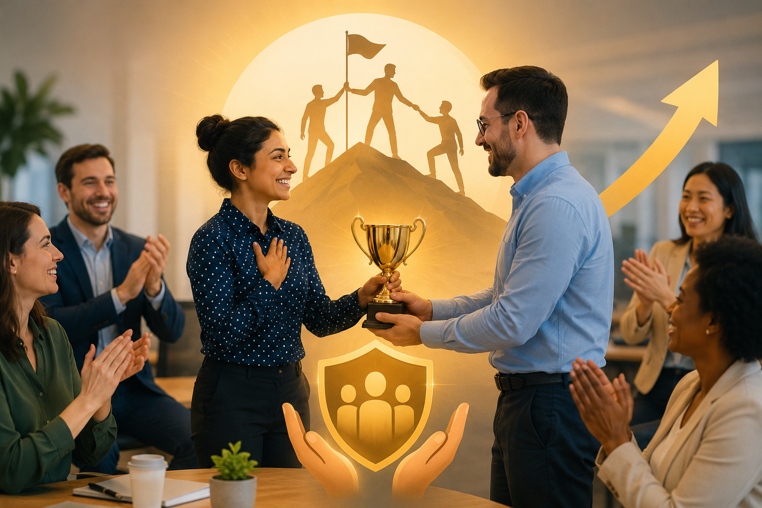 Employees in a modern office applaud as a team member receives a trophy, symbolizing workplace recognition, employee engagement, and long-term retention through appreciation and career growth.
