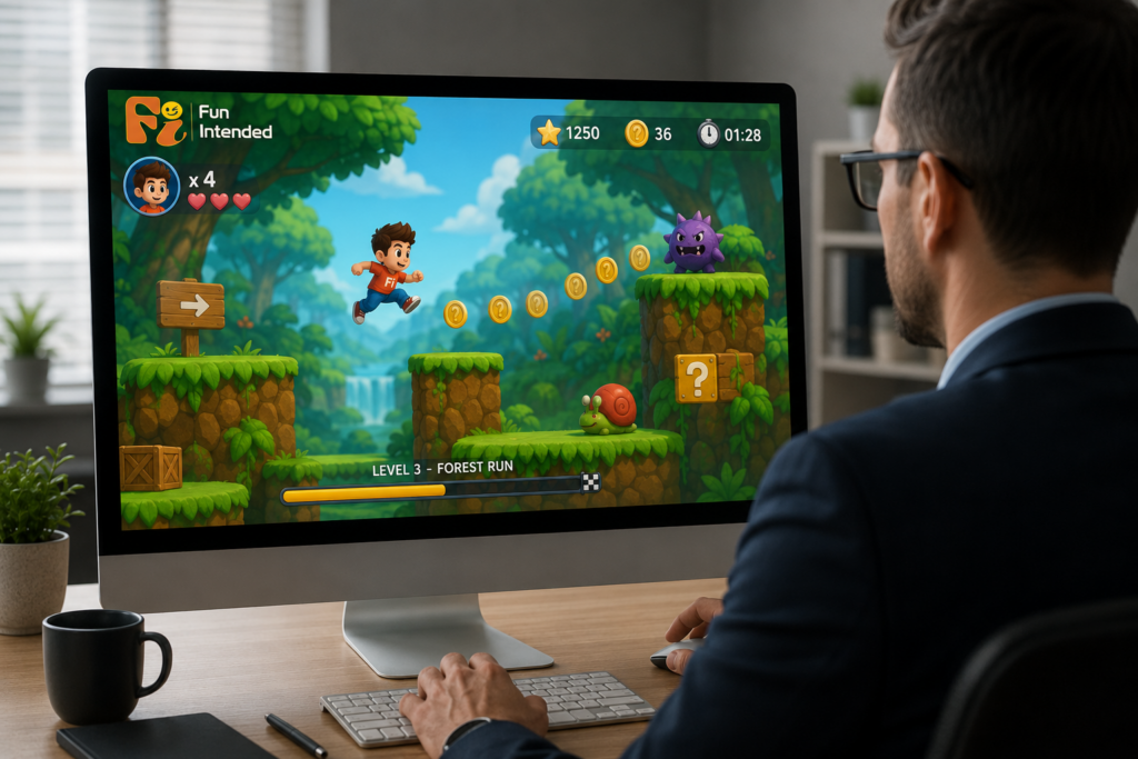 Professional businessman viewed from behind while playing a colorful learning game on a desktop computer. The game features a cartoon character collecting coins and avoiding obstacles in a jungle-themed environment, with the Fun Intended logo displayed in the corner of the screen to represent the science behind gamification.