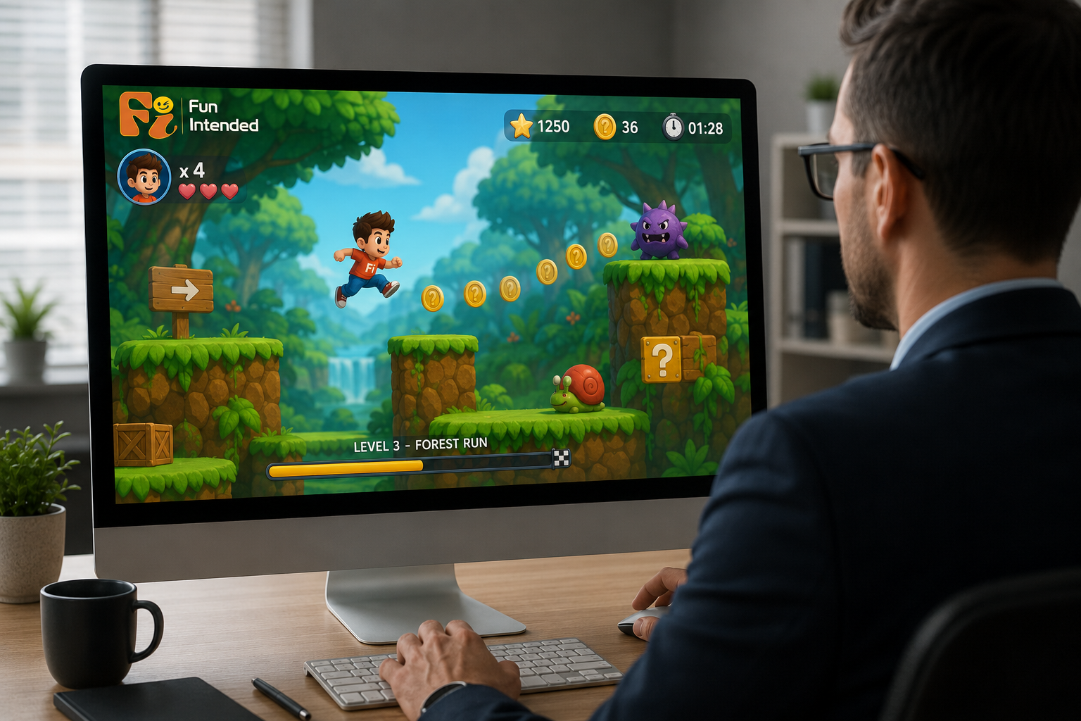 Professional businessman viewed from behind while playing a colorful learning game on a desktop computer. The game features a cartoon character collecting coins and avoiding obstacles in a jungle-themed environment, with the Fun Intended logo displayed in the corner of the screen to represent the science behind gamification.