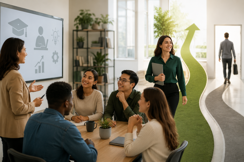 Employees participate in a professional workplace training session while a manager leads a discussion, illustrating how Training Prevents Quitting by helping team members develop skills, stay engaged, and see opportunities for growth within the organization.