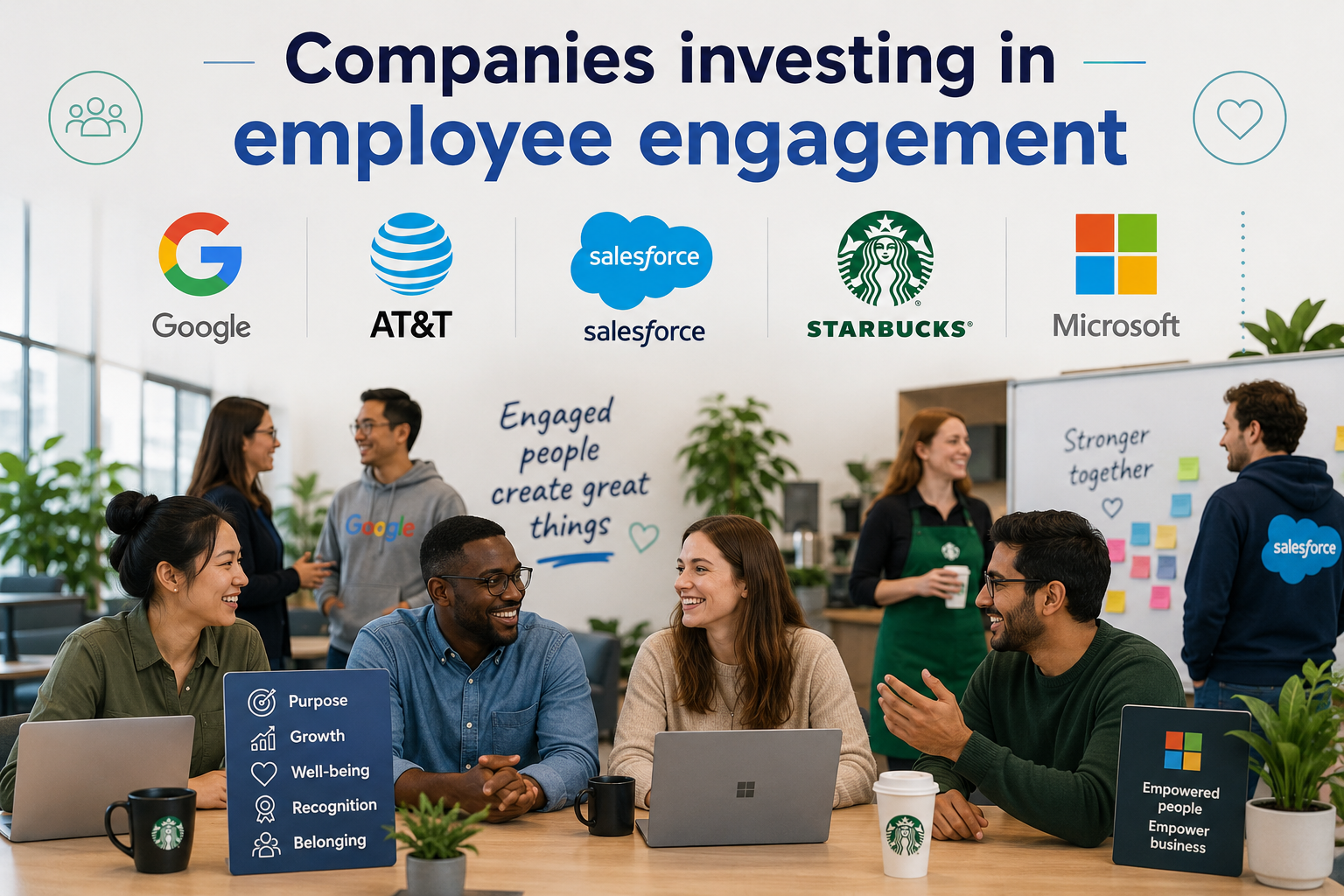 Employees collaborating in a modern office with visual references to major companies investing in employee engagement, including Google, AT&T, Salesforce, Starbucks, and Microsoft.