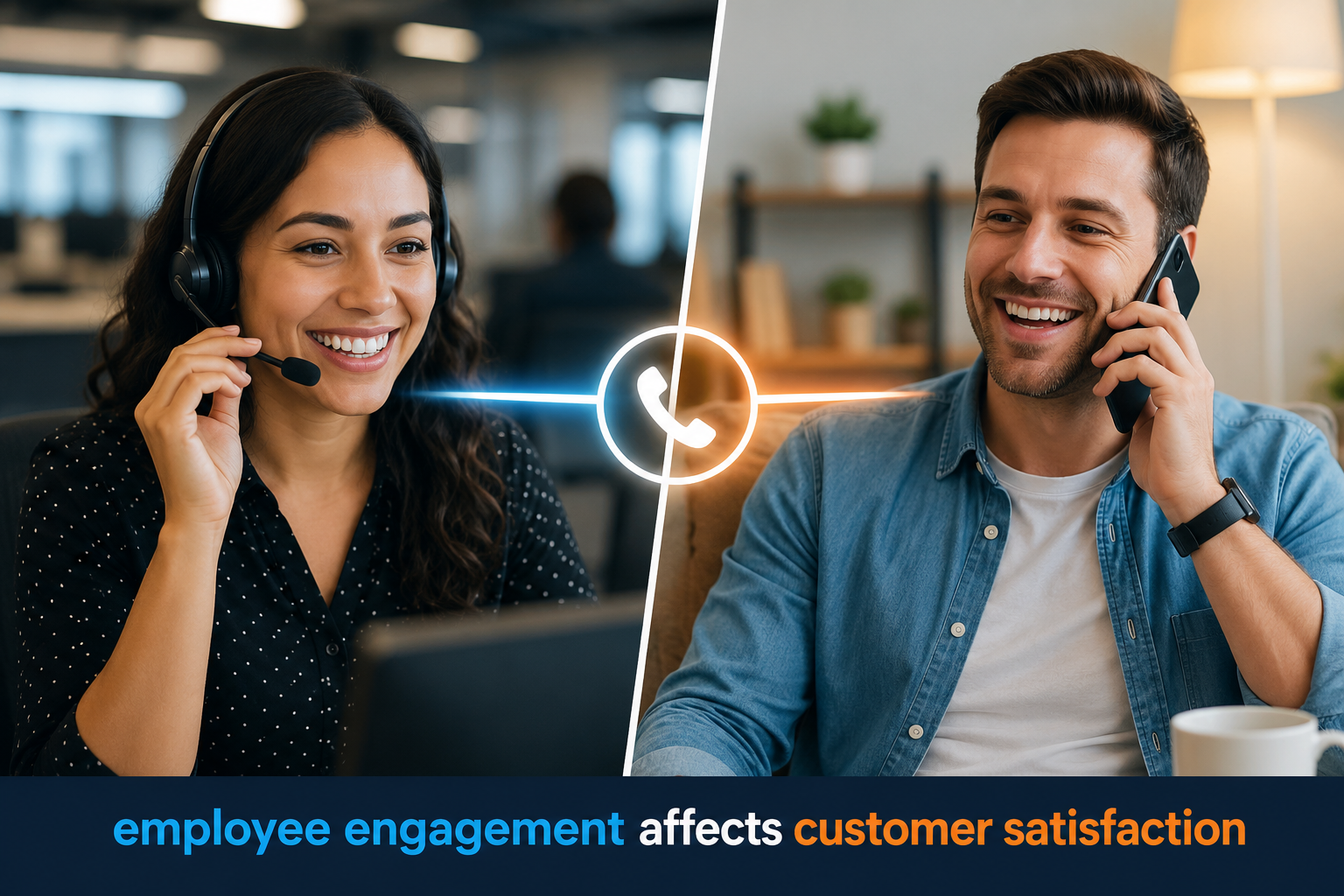 A split-screen illustration showing a smiling call center employee wearing a headset speaking with a happy customer on a smartphone, demonstrating how employee engagement affects customer satisfaction through positive customer service interactions.