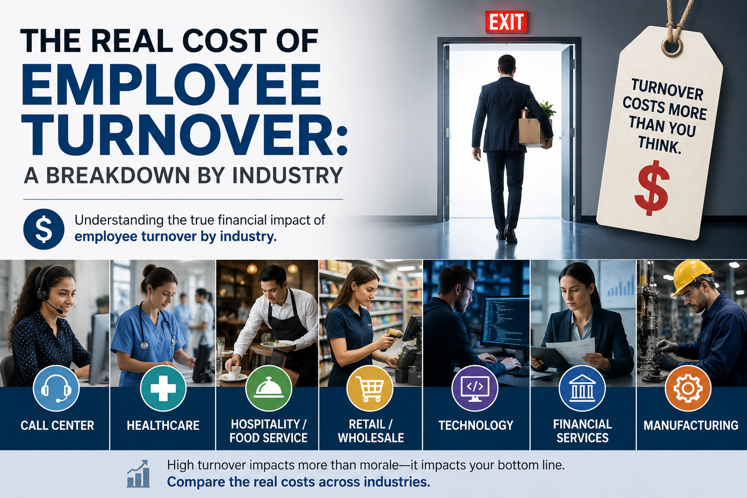 Professional illustration for an article about employee turnover by industry, featuring a departing employee walking through an exit door alongside visual representations of the call center, healthcare, hospitality and food service, retail and wholesale, technology, financial services, and manufacturing industries to illustrate the financial impact of workforce turnover.