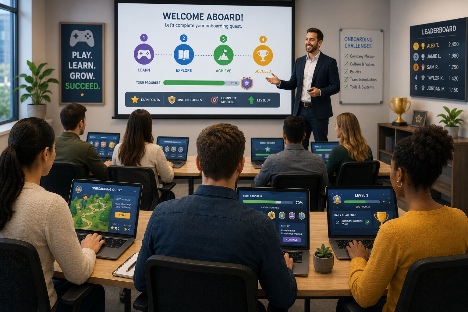 A modern corporate training classroom where new employees participate in a gamified onboarding session using laptops with interactive learning dashboards, while an instructor leads the class from the front. The illustration demonstrates how Gamification reduces Onboarding time by making employee training more engaging and efficient.