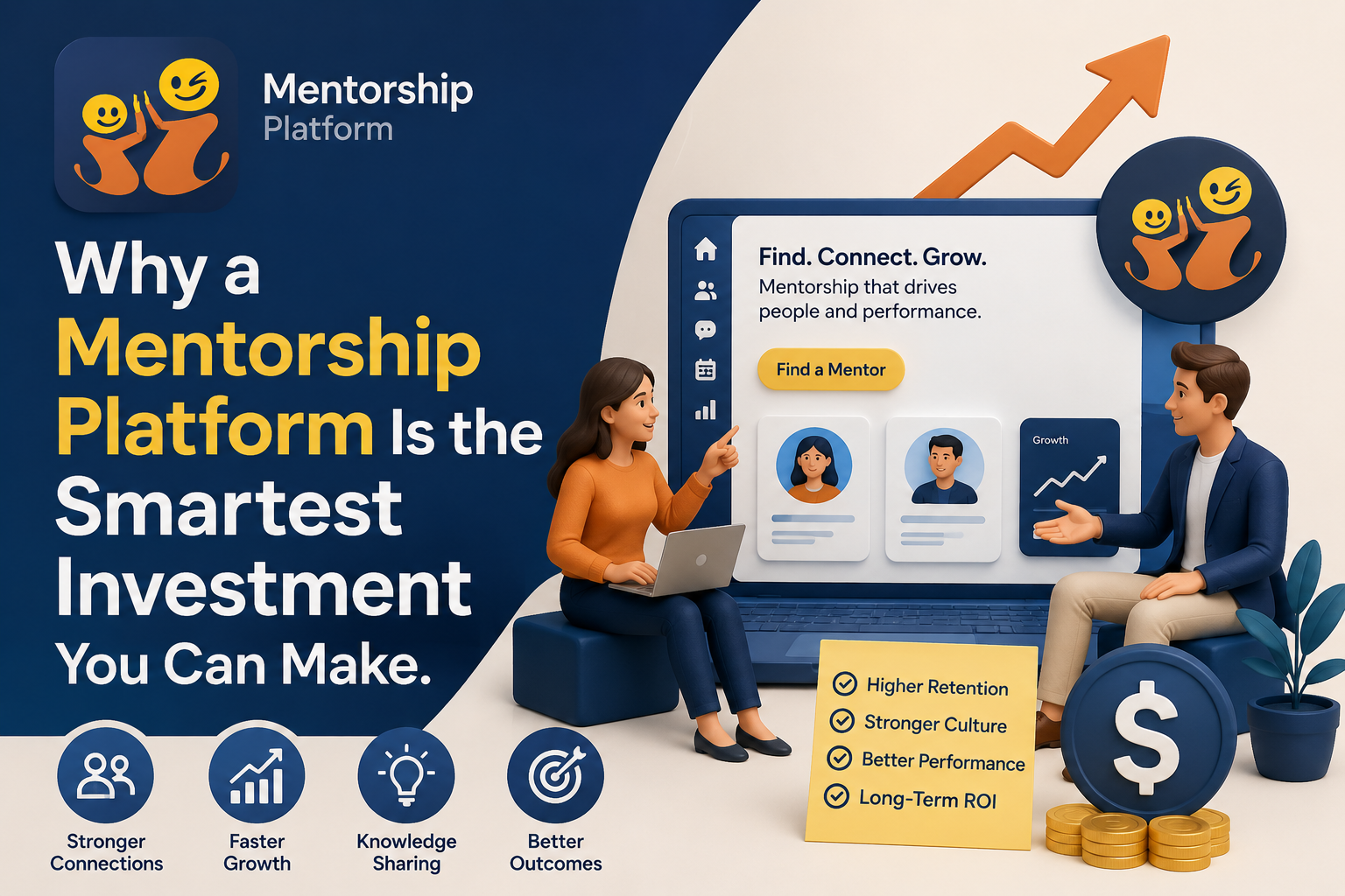 A mentorship platform investment connects employees with experienced mentors while a rising growth chart, collaboration, and ROI visuals illustrate career development, knowledge sharing, and long term business success. The FunFluence logo is prominently incorporated into the design.