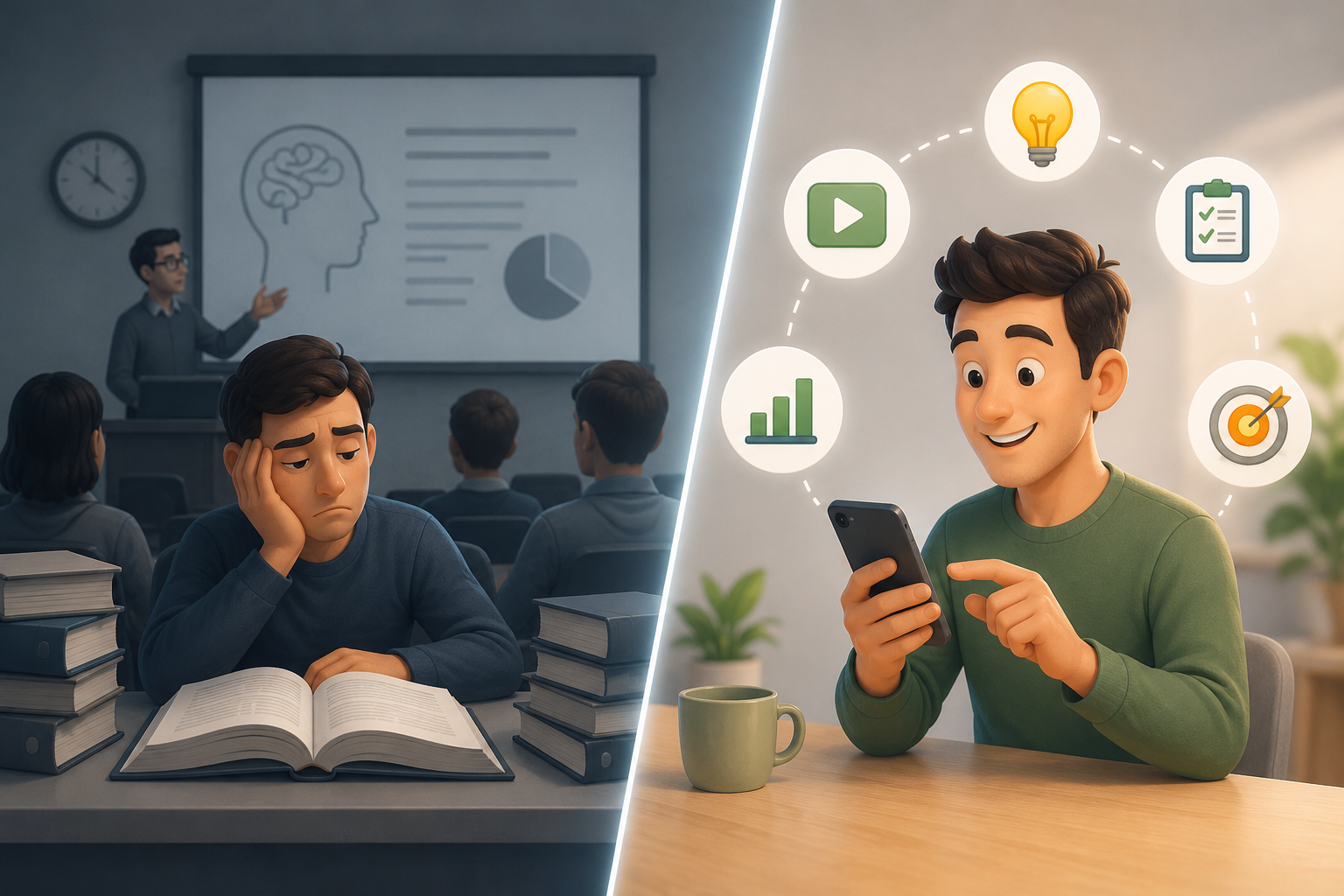 An animated split-screen illustration comparing traditional classroom training with microlearning, showing a disengaged learner surrounded by books on one side and an engaged learner using a smartphone for short, interactive lessons on the other.